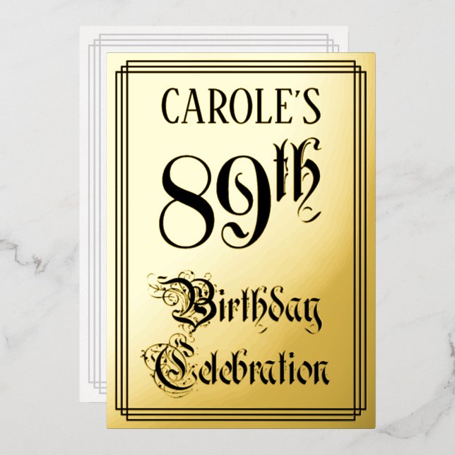 Invitación Con Relieve Metalizado 89ª Fiesta de Cumpleaños — Guión Elegante + Nombre (Anverso/Reverso)