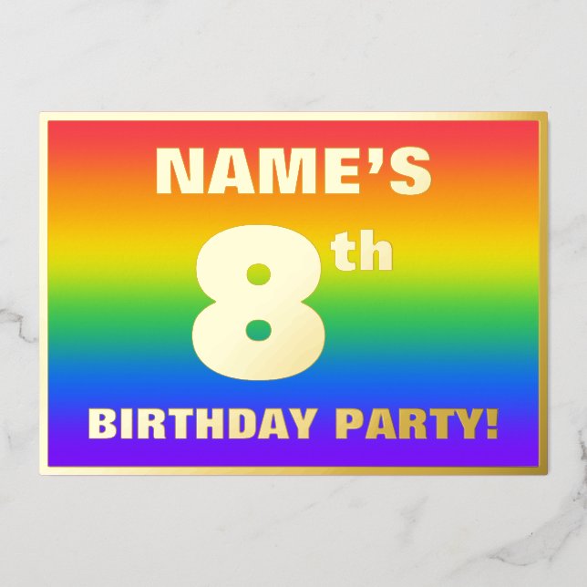 Invitación Con Relieve Metalizado 8.ª fiesta de cumpleaños: Patrón arcoiris divertid (Anverso)