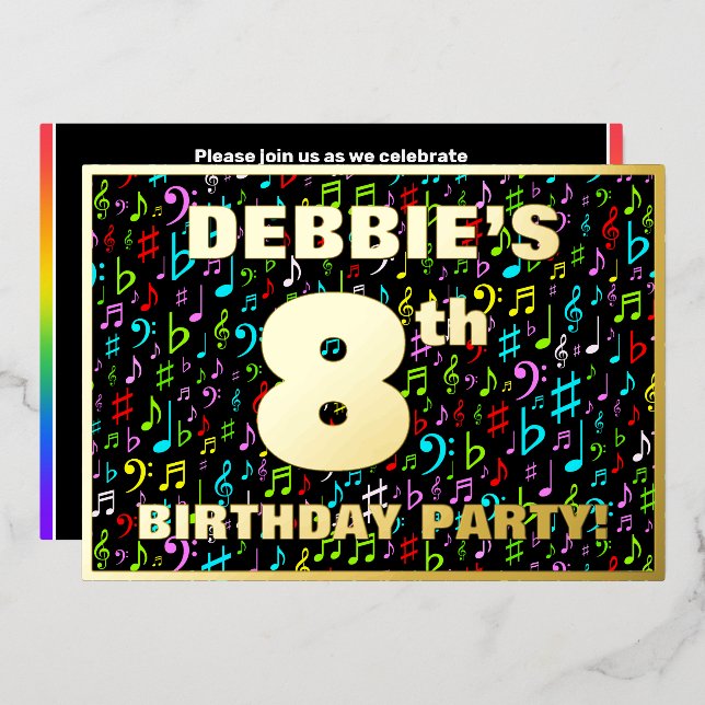 Invitación Con Relieve Metalizado 8.ª fiesta de cumpleaños — Símbolos musicales dive (Anverso/Reverso)