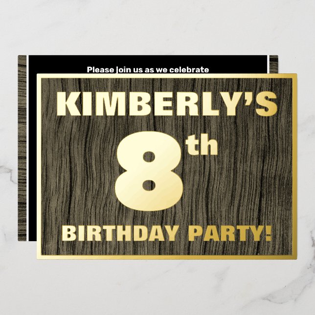 Invitación Con Relieve Metalizado 8th Birthday Party: Bold, Faux Wood Grain Pattern (Anverso/Reverso)