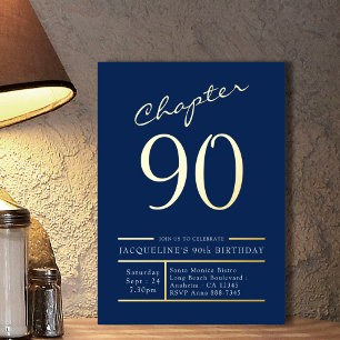 Invitación Con Relieve Metalizado 90 Blue 90th Birthday Party Gold