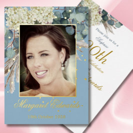 Invitación Con Relieve Metalizado 90 Cumpleaños Elegante Foto Azul Floral