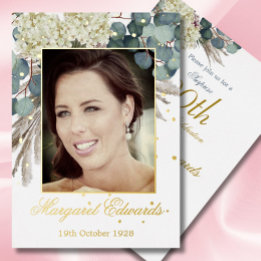 Invitación Con Relieve Metalizado 90 Cumpleaños Elegante Foto Floral Azul