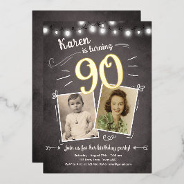 Invitación Con Relieve Metalizado 90 cumpleaños sorpresa retro vintage noventa