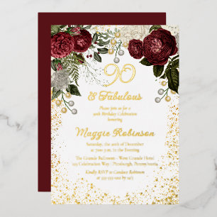 Invitación Con Relieve Metalizado 90 y fabuloso cumpleaños fiesta floral rosa Glam