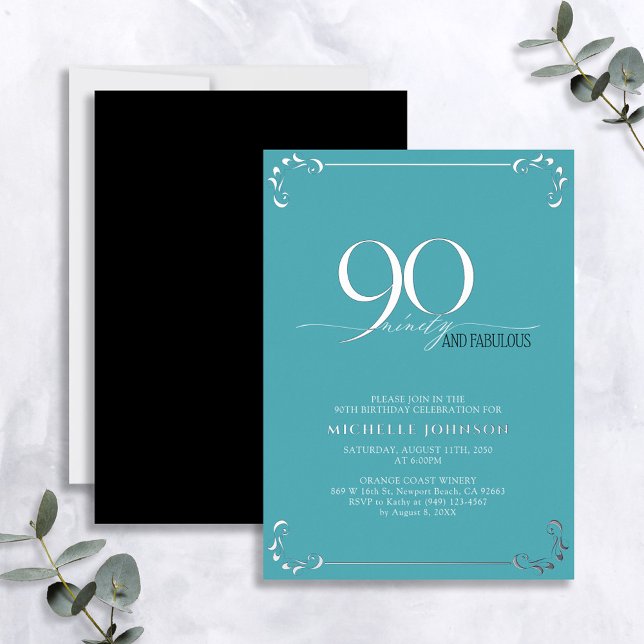 Invitación Con Relieve Metalizado 90 y fabuloso cumpleaños turquesa y plateado (Subido por el creador)
