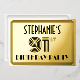 Invitación Con Relieve Metalizado 91ª Fiesta de Cumpleaños — Estilo Art Deco "91" y 