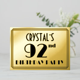 Invitación Con Relieve Metalizado 92ª Fiesta de Cumpleaños — Aspecto Art Deco "92" +