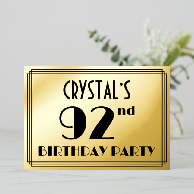 Invitación Con Relieve Metalizado 92ª Fiesta de Cumpleaños — Aspecto Art Deco "92" + (Anverso de pie)