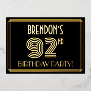 Invitación Con Relieve Metalizado 92ª Fiesta de Cumpleaños — Estilo Art Deco "92" + 