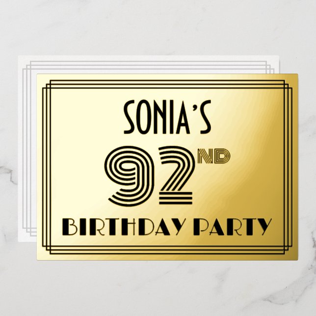 Invitación Con Relieve Metalizado 92ª Fiesta de Cumpleaños — Estilo Art Deco "92" y  (Anverso/Reverso)