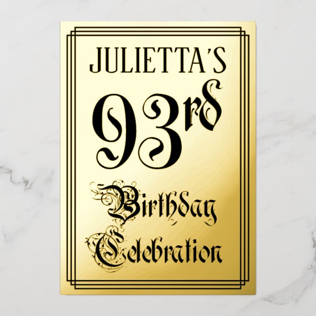 Invitación Con Relieve Metalizado 93.ª Fiesta de Cumpleaños — Guión elegante + Nombr (Anverso)