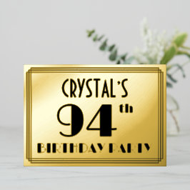 Invitación Con Relieve Metalizado 94ª Fiesta de Cumpleaños — Aspecto Art Deco "94" +