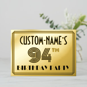 Invitación Con Relieve Metalizado 94ª Fiesta de Cumpleaños — Estilo Art Deco "94" y