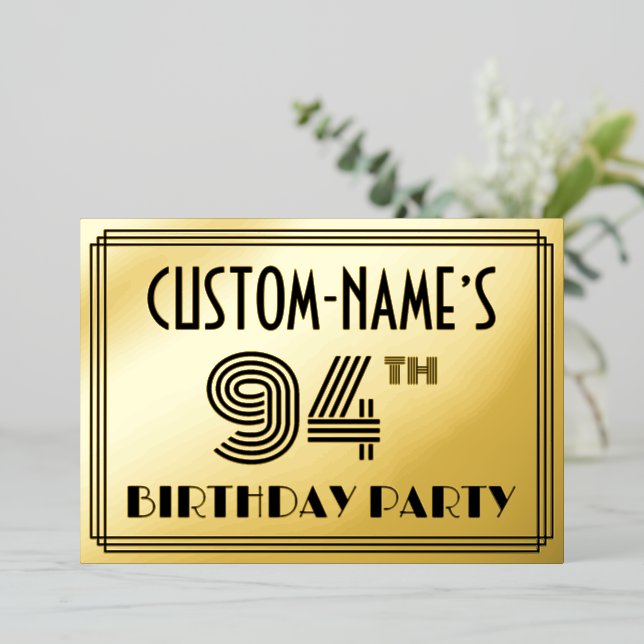 Invitación Con Relieve Metalizado 94ª Fiesta de Cumpleaños — Estilo Art Deco "94" y  (Anverso de pie)