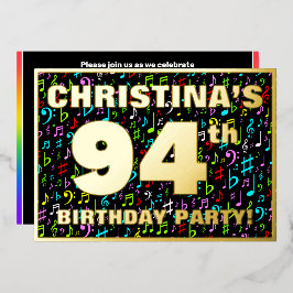 Invitación Con Relieve Metalizado 94th Birthday Party — Fun, Colorful Music Symbols
