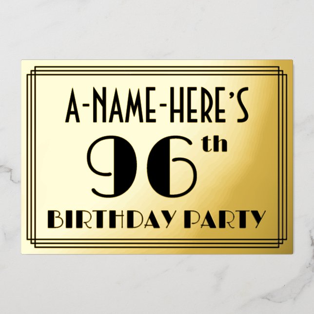 Invitación Con Relieve Metalizado 96ª Fiesta de Cumpleaños — Aspecto Art Deco "96" + (Anverso)
