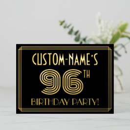 Invitación Con Relieve Metalizado 96ª Fiesta de Cumpleaños — Estilo Art Deco "96" + 