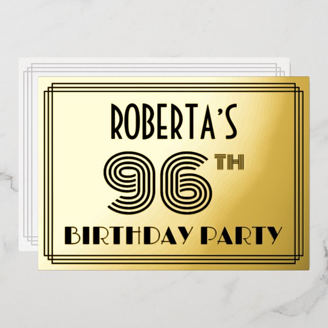 Invitación Con Relieve Metalizado 96ª fiesta de cumpleaños — Estilo Art Deco "96" y  (Anverso/Reverso)