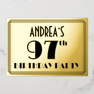 Invitación Con Relieve Metalizado 97ª Fiesta de Cumpleaños — Aspecto Art Deco "97" +