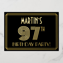 Invitación Con Relieve Metalizado 97ª Fiesta de Cumpleaños — Estilo Art Deco "97" + 