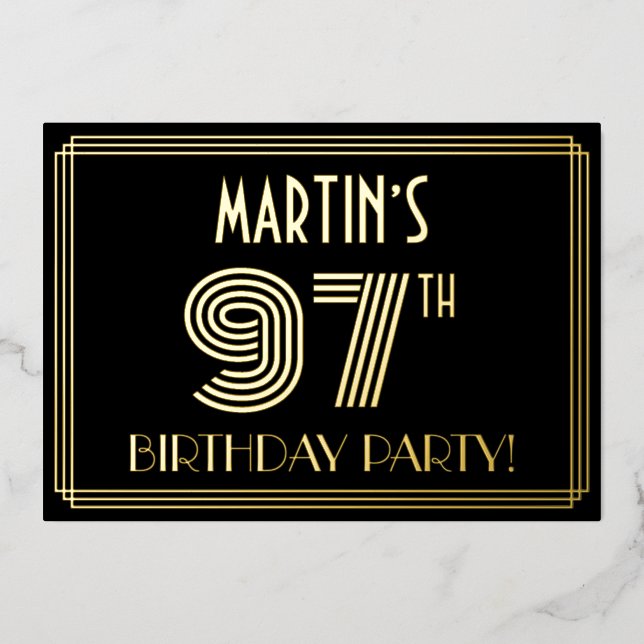 Invitación Con Relieve Metalizado 97ª Fiesta de Cumpleaños — Estilo Art Deco "97" +  (Anverso)