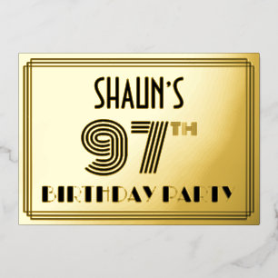 Invitación Con Relieve Metalizado 97ª Fiesta de Cumpleaños — Estilo Art Deco "97" y 