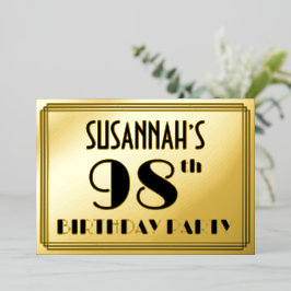 Invitación Con Relieve Metalizado 98ª Fiesta de Cumpleaños — Aspecto Art Deco "98" +