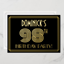 Invitación Con Relieve Metalizado 98ª Fiesta de Cumpleaños — Estilo Art Deco "98" + 