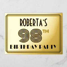 Invitación Con Relieve Metalizado 98ª Fiesta de Cumpleaños — Estilo Art Deco "98" y 