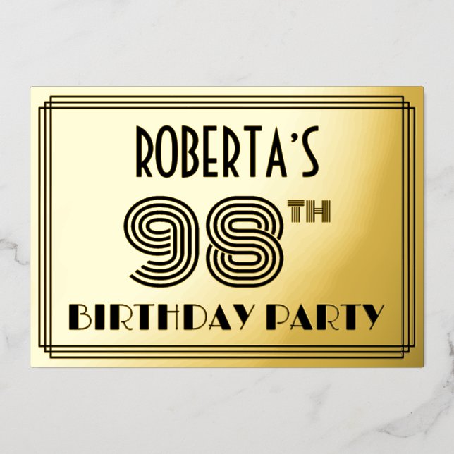 Invitación Con Relieve Metalizado 98ª Fiesta de Cumpleaños — Estilo Art Deco "98" y  (Anverso)