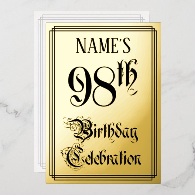 Invitación Con Relieve Metalizado 98ª Fiesta de Cumpleaños — Guión Elegante + Nombre (Anverso/Reverso)