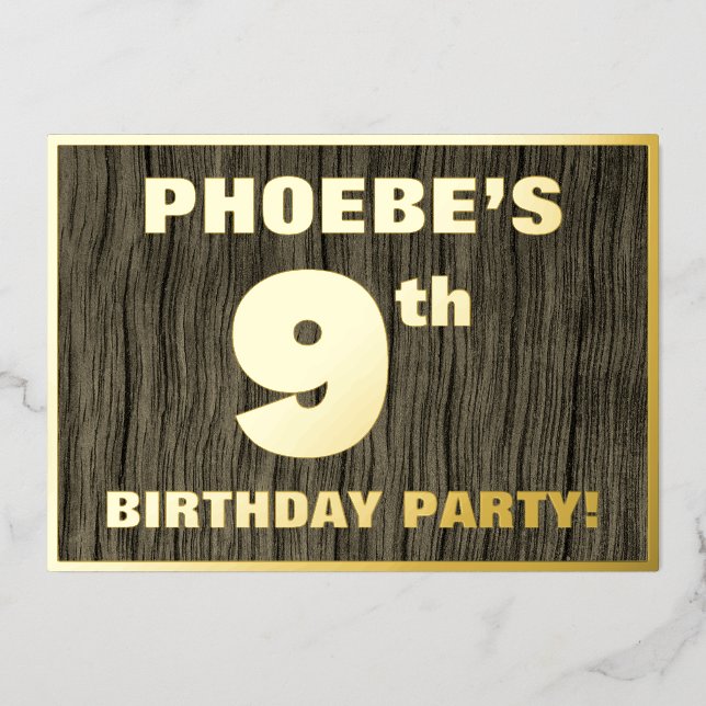 Invitación Con Relieve Metalizado 9th Birthday Party: Bold, Faux Wood Grain Pattern (Anverso)