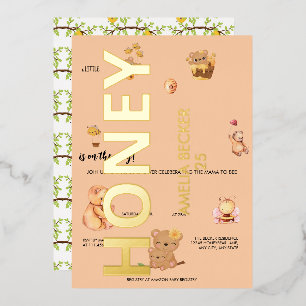 Invitación Con Relieve Metalizado Abeja, oso Baby Shower, una miel está en camino
