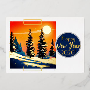 Invitación Con Relieve Metalizado Abetos en la nieve - feliz año nuevo