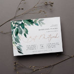 Invitación Con Relieve Metalizado Abundant Foliage | Bat Mitzvah<br><div class="desc">Elegant bat mitzvah invitation features watercolor eucalyptus leaves and green foliage cascading from the upper left corner,  embellished with rose gold foil accents. Personalize with your temple ceremony and celebration details aligned at the right. Cards reverse to solid forest green.</div>