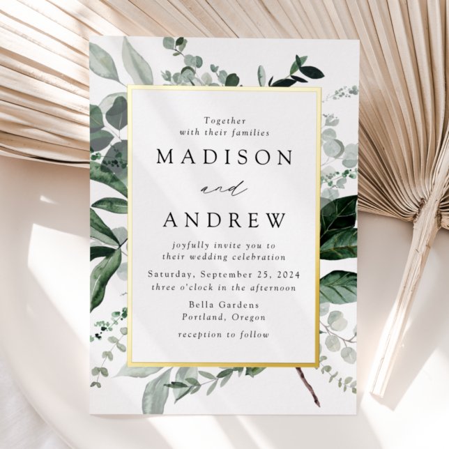 Invitación Con Relieve Metalizado Abundant Greenery Gold Frame Boda (Subido por el creador)