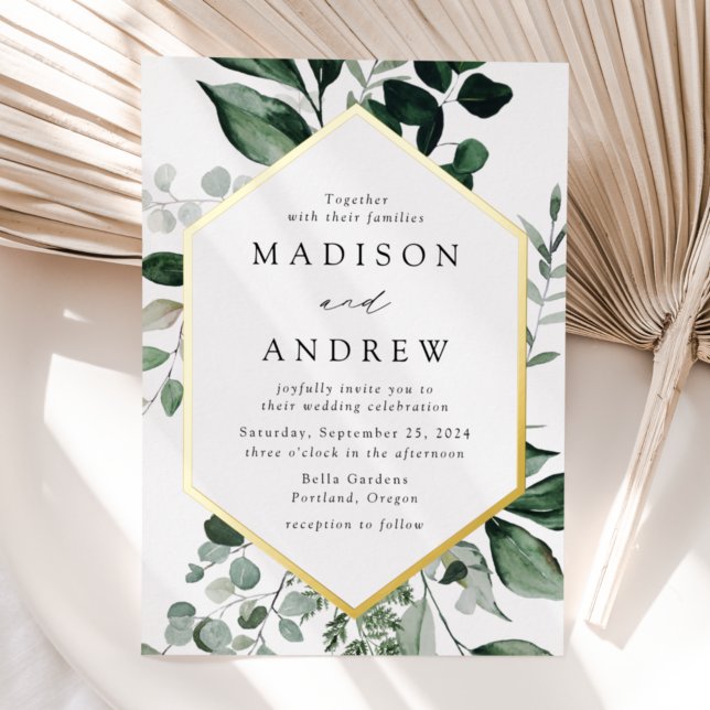 Invitación Con Relieve Metalizado Abundant Greenery Gold Frame Boda (Subido por el creador)