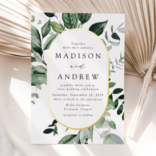 Invitación Con Relieve Metalizado Abundant Greenery Gold Oval Frame Boda