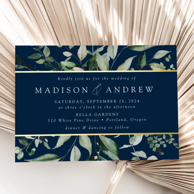 Invitación Con Relieve Metalizado Abundant Greenery Navy Boda Gold (Subido por el creador)