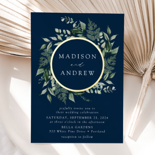 Invitación Con Relieve Metalizado Abundant Greenery Wreath Boda Gold