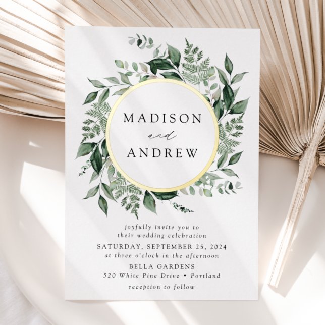 Invitación Con Relieve Metalizado Abundant Greenery Wreath Boda Gold (Subido por el creador)