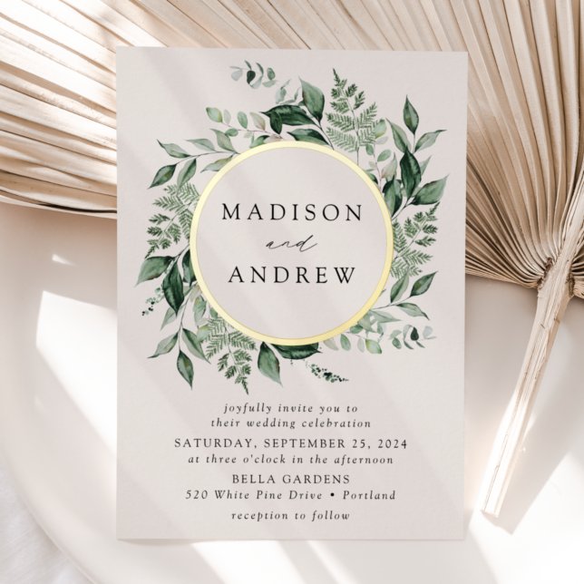 Invitación Con Relieve Metalizado Abundant Greenery Wreath Cream Boda Gold (Subido por el creador)