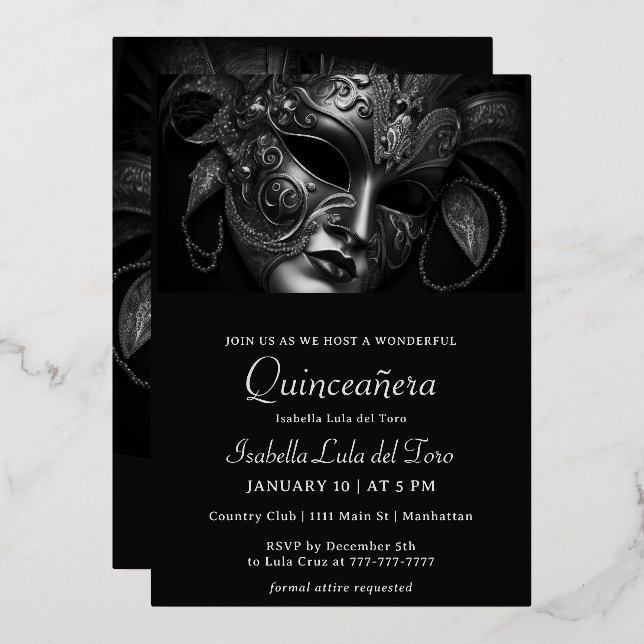 Invitación Con Relieve Metalizado Abundante cumpleaños de Masquerade (Anverso/Reverso)