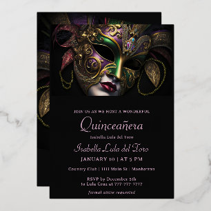 Invitación Con Relieve Metalizado Abundante cumpleaños de Masquerade