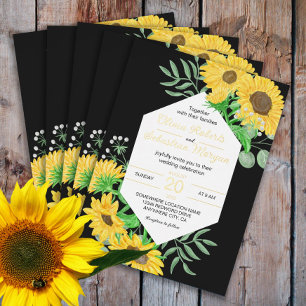 Invitación Con Relieve Metalizado Acrílico de girasoles amarillos sobre boda dorada 