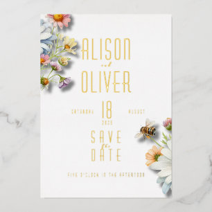 Invitación Con Relieve Metalizado Acrílico Floral Elegante Abeja Hojas de Oro