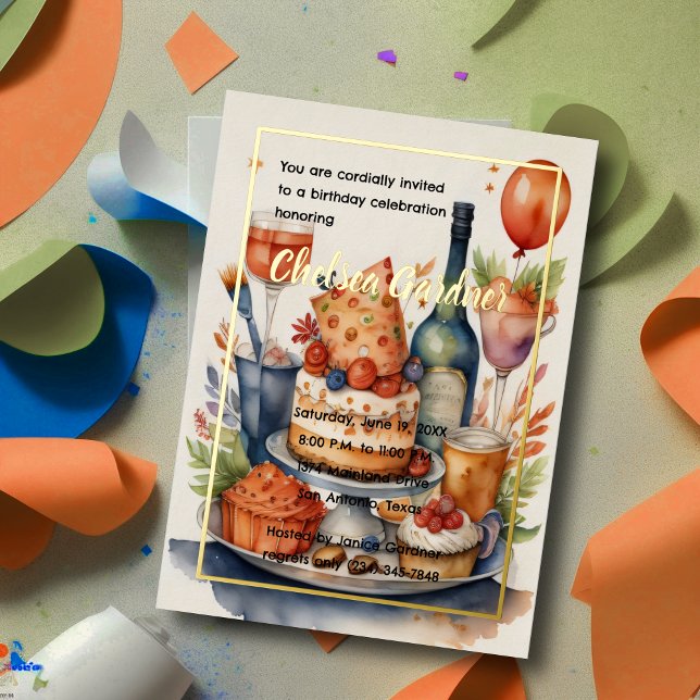 Invitación Con Relieve Metalizado Acuarela Aniversario de la Comida de Pastel de Vin (Subido por el creador)