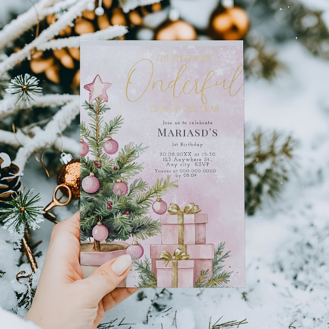 Invitación Con Relieve Metalizado acuarela Árbol de Navidad Rosa 1er cumpleaños (Subido por el creador)