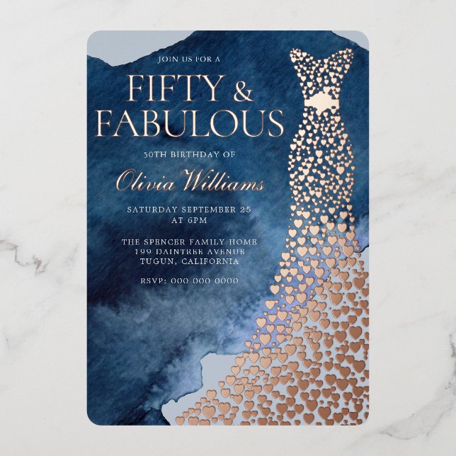 Invitación Con Relieve Metalizado Acuarela Azul 50 Aniversario Rosa Vestido de Oro (Anverso)